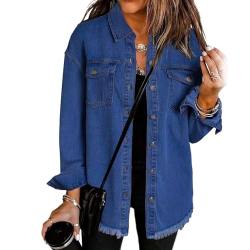 The Beauty North Denim Jacket, Damen Casual Denim Button Down Distressed Jacket, Langarm ausgefranster Saum Jeansjacke Denim Shirt, Denim Jacket für Frauen (Dunkelblau,XL) von Wryhaul