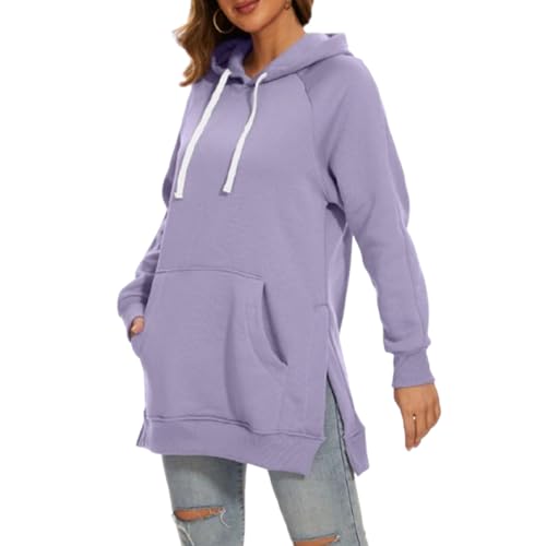 The Warmy Übergroßes Hoodie-Kleid für Damen, First Ones Hoodie-Kleid für Frauen mit Taschen, langes Sweatshirt-Kapuzenkleid, lässiger Pullover, übergroßes Sweatshirt-Kleid (Lila,S) von Wryhaul