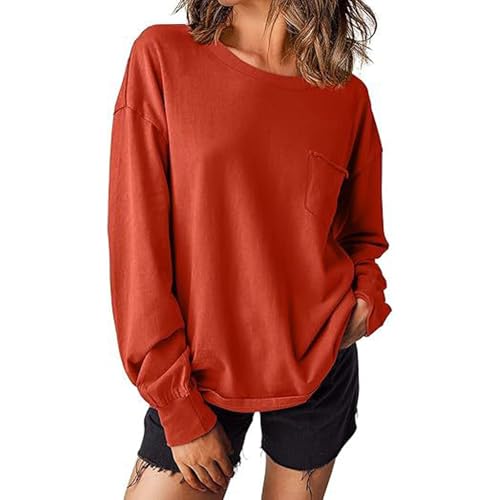 Übergroßes Sweatshirt für Frauen Trendy 2024 Crewneck Langarm Shirts Casual Pullover Kleidung Herbst Outfits Pocketed, Oversized Crewneck Sweatshirt, Mode Pullover Pullover (Rot,2XL) von Wryhaul