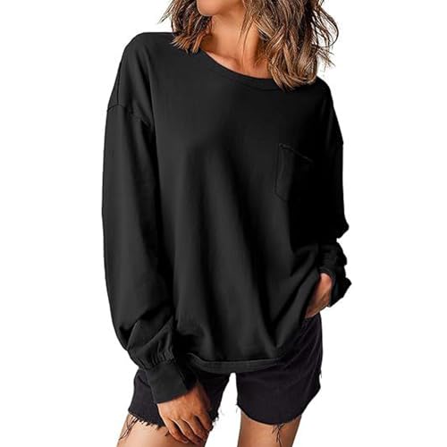 Übergroßes Sweatshirt für Frauen Trendy 2024 Crewneck Langarm Shirts Casual Pullover Kleidung Herbst Outfits Pocketed, Oversized Crewneck Sweatshirt, Mode Pullover Pullover (Schwarz,2XL) von Wryhaul