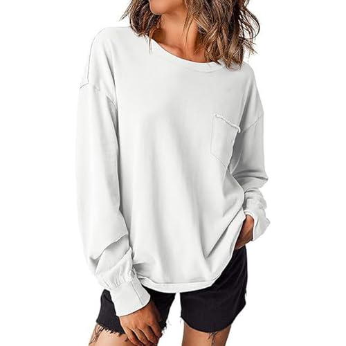 Übergroßes Sweatshirt für Frauen Trendy 2024 Crewneck Langarm Shirts Casual Pullover Kleidung Herbst Outfits Pocketed, Oversized Crewneck Sweatshirt, Mode Pullover Pullover (Weiß,M) von Wryhaul