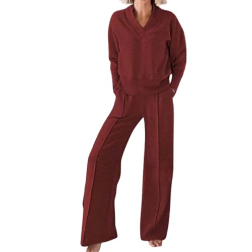 Women 's Solid Color V-Ausschnitt Top & Hose Zweiteiliges Set, Lounge Set für Frauen, Wide Leg Pant Sets Frauen 2 Stück Outfits, Herbst Kleidung Set, Sweatshirt Sets für Frauen (Rot,3XL) von Wryhaul