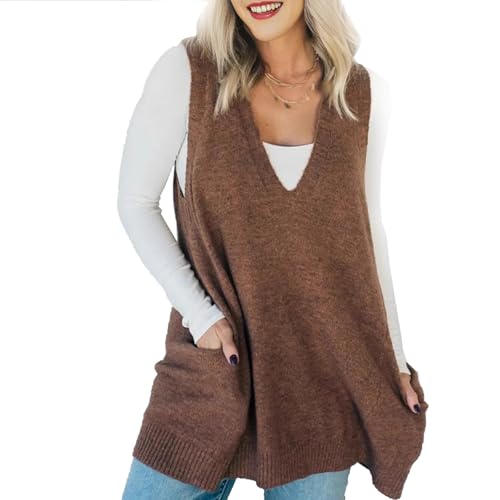 Wryhaul Women 's Cozy Pocket Sweater Vest, V-Ausschnitt Tasche ärmellose Pullover Weste, V-Ausschnitt Loose Knit Casual Pullover Weste mit Taschen, V-Ausschnitt Strickpullover Weste (Braun,XL) von Wryhaul