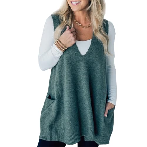 Wryhaul Women 's Cozy Pocket Sweater Vest, V-Ausschnitt Tasche ärmellose Pullover Weste, V-Ausschnitt Loose Knit Casual Pullover Weste mit Taschen, V-Ausschnitt Strickpullover Weste (Grün,2XL) von Wryhaul