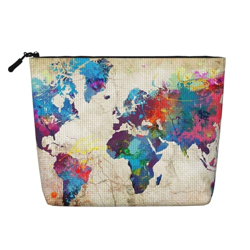 WSHFFILO Abstrakte Weltkarte bedruckte Make-up-Tasche aus künstlichem Hanf, Reise-Kulturbeutel, Kosmetiktasche, Clutch-Tasche, Schwarz , Einheitsgröße von Wshffilo