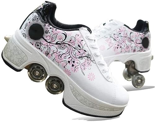 Roller Skate Shoes Rollschuhe Schuhe Mit Rollen Skateboardschuhe,Inline-Skate, verstellbar Damen Schuhe mit Rollen für mädchen,Laufen Skateboard,Inline Rollschuhe,White pink flower-39EU von Wttagkl