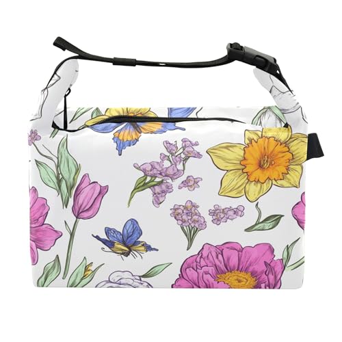 Lunchbox mit Blumen, Narzissen, Pfingstrosen, Schmetterlinge, Weiß, für Mädchen, wiederverwendbare Damen-Lunch-Tasche für Schule, Kindergarten von Wudan