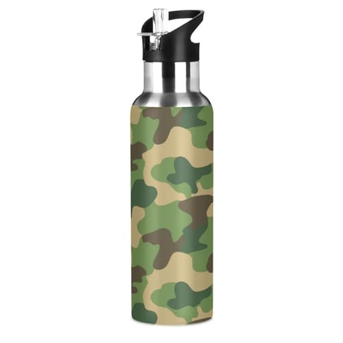 Kunstklassisches Tarnmuster Trinkflasche Wasserflasche mit Strohhalm für Sport, 600ML Thermosflasche BPA-frei Isolierflasche Edelstahl 18/8 für Kinder Wandern Schule von Wzzzsun