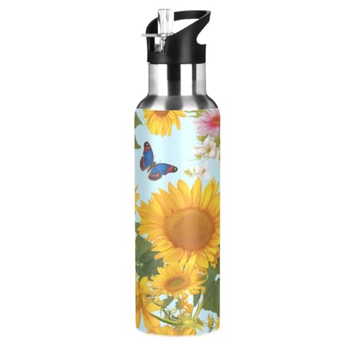 Tropische Blütenblume Sonnenblumen Trinkflasche Wasserflasche mit Strohhalm für Sport, 600ML Thermosflasche BPA-frei Isolierflasche Edelstahl 18/8 für Kinder Wandern Schule von Wzzzsun