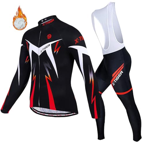 X-TIGER Herren Langarm Radtrikot Set Winter Radsportanzüge mit 5D Gel Gepolsterten Trägerhosen von X-TIGER