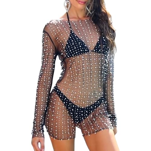 XAGMODSHN Bling-Strass-Partykleid für Damen, durchsichtig, Bademode, Bikinis, lange Ärmel, Clubkleid, Strandkleidung von XAGMODSHN