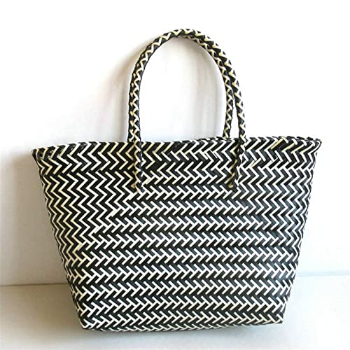 XANAYXWJ Einkaufskorb Damen-Schultertaschen aus Kunststoff, gewebte Handtaschen, Gemüsekorb-Taschen, gestreift, farblich passende Strandtasche, modische Damentaschen, Einkaufstasche (B) von XANAYXWJ