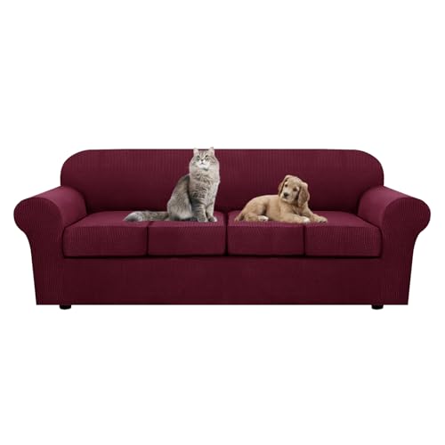 XANAYXWJ Stretch-Sofabezug-Set mit Sitzkissen und Rückenlehnenbezügen, stilvoller Couch-Schonbezug-Schutz für Wohnzimmermöbel (WineRed L Sofa + 4 Sitze) von XANAYXWJ