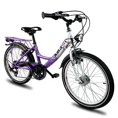 XB3 20 Zoll Mädchen Kinderfahrrad, mit Shimano 6 Gang-Schaltung, StVZO, Nabendynamo mit LED-Licht mit Standlicht (Lila) von XB3