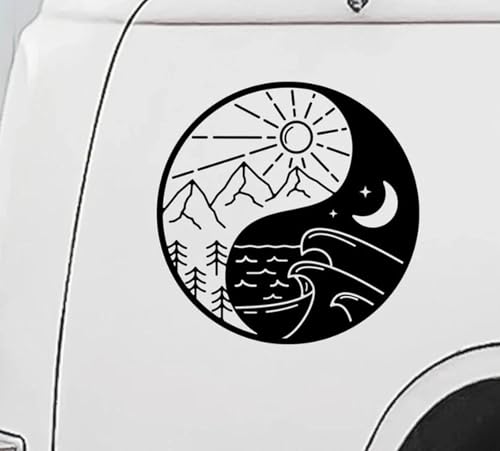 XBQAEWOK Camper Berg Welle Yin Yang Auto Aufkleber Aufkleber Berg Meer Tag Nacht Sonne und Mond LKW Camping Dekor. von XBQAEWOK