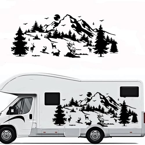 XBQAEWOK Große Hirsch Berg Tierwelt Karawane Auto Aufkleber Wald, Fit Wald Baum Landschaft Camping Wohnmobil LKW Aufkleber Vinyl Dekor von XBQAEWOK