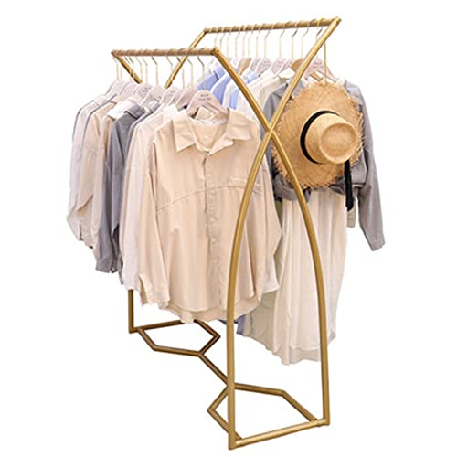 Kleiderständer für den Einzelhandel, einfacher Kleiderständer für Bekleidungsgeschäfte, zweireihiges Regal, mittleres Regal, parallele Stange, Seitenaufhänger (Farbe: Gold, Größe: 135 x 40 x 120 cm) von XCGVNCX