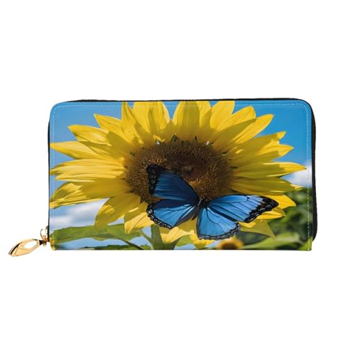 XDCYWBZDBC Gelbe Sonnenblumen mit blauen Schmetterlingen für Damen, lange Brieftaschen, Reisebrieftasche, Kreditkartenhalter, große Kapazität, Reißverschluss, Visitenkartenhalter, modische Notizmappe, von XDCYWBZDBC