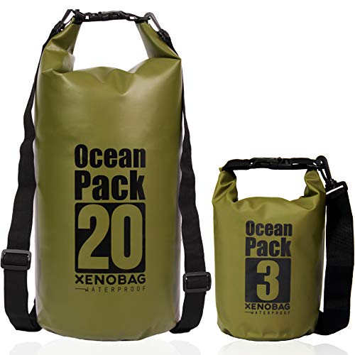 XENOBAG Wasserfeste Tasche 3 Liter o. 20 Liter/Dry Bag, klein/Ocean Pack 3l o. 20l / wasserdichter Beutel/Drybag mit verstellbaren Schultergurten und Sicherheitsverschluss (Olivgrün, 3 Liter) von XENOBAG