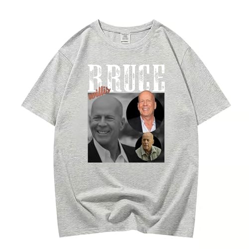 XFICSD Kurzärmliges Bruce Willis Modisches Und Lässiges T-Shirt Mit Cartoon-Aufdruck, Bequemes Rundhals-Top Für Männer Und Frauen, Dünnes, Lockeres Hemd-Black||XS von XFICSD