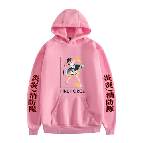 XFICSD Pullover Fire Force Kinder Bequemer, Lockerer Kapuzenpullover, Herren- Und Damen-Cartoon-Print, Lässige Sportbekleidung, Frühling Und Herbst, Dünne Langarm-Oberteile-Pink||XS von XFICSD