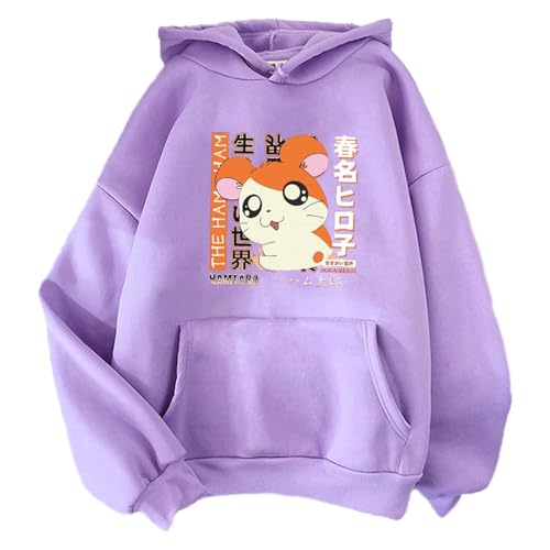 XFICSD Sweatshirt Hamtaro Herren- Und Damen-Süßer Kapuzenpullover, Cartoon-bedrucktes Sweatshirt, Modische Oberteile, Freizeitkleidung-Purple||L von XFICSD