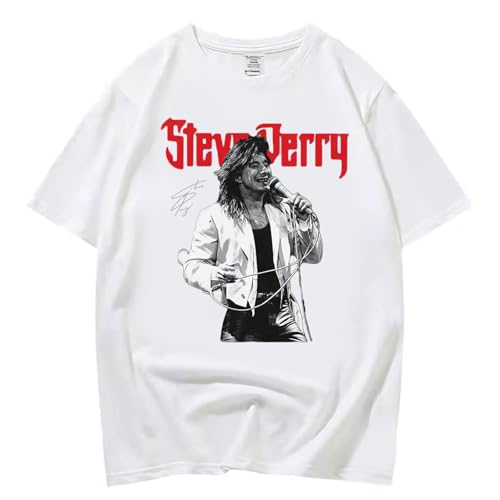 XFICSD T-Shirt Steve Perry Kurzarm-Modisches Herren-Cartoon-Print-Shirt, Damen-Bequemes Lockeres Rundhals-Top Modisches Kurzarm-Shirt-White||XS von XFICSD