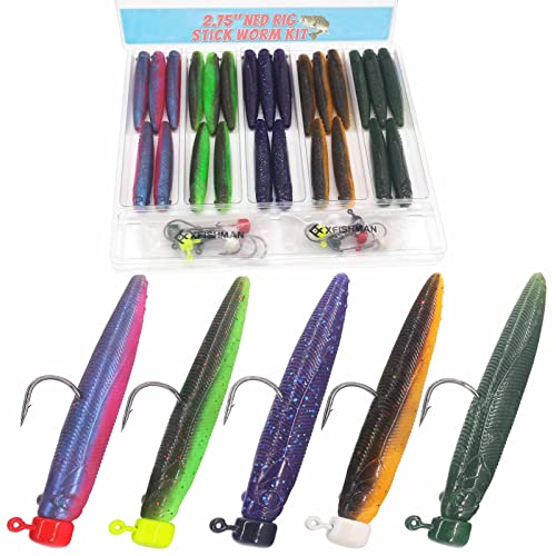 Ned-Rig-Kit-Finesse-Baits-Weichplastik-Würmer-Fising-Lure für Barsch-Stick, Schwimmköder, Elritze Krabbelköder, Shroom Ned Jigkopf-Set (35-teiliges 7,9 cm #02 Stick Worms Ned Rig Kit) von XFISHMAN