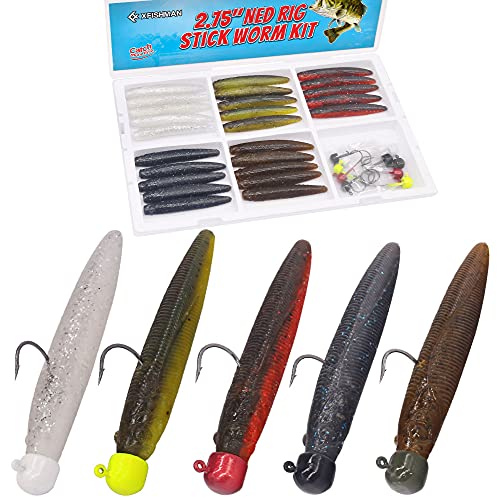 Ned-Rig-Kit-Finesse-Köder, weiche Kunststoffwürmer, Angelköder für Barsch, Schwimmköder, Elritze, Langusten, Shroom Ned Jigkopf-Set, 35-teilig, 7,9 cm, 01 von XFISHMAN