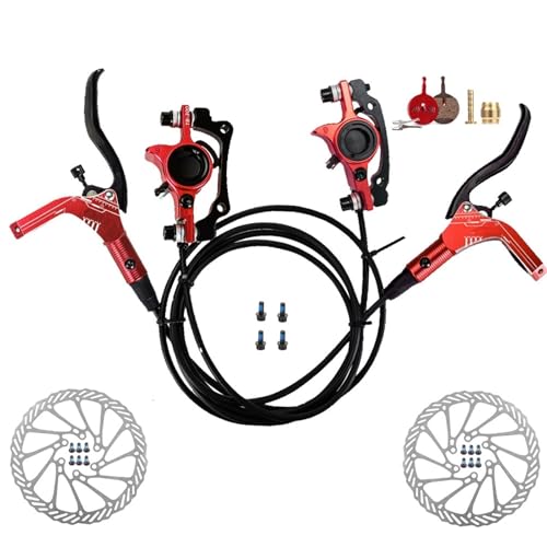 XFLHXY Hydraulischer Scheibenbremsensatz, 4 Kolben, Vorne 800 mm und Hinten 1400 mm, Hydraulische Bremsen, Fahrradbremshebel, Mountainbike-Scheibenbremsensatz(Red,R Front L Rear BP) von XFLHXY