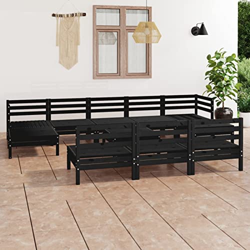 XFZJCHAP 11-teiliges Garten-Lounge-Set aus schwarzem massivem Kiefernholz, Ecksofa-Sitz-Glas-Couchtisch-Gesprächsset, für Rasen, Hinterhof, Pool von XFZJCHAP