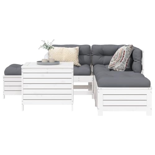 XFZJCHAP 6-teiliges Gartensofa-Set aus weißem Massivholz aus Kiefernholz, Garten-Eck-Esssofa-Set, Terrassentische, Hocker, Outdoor-Lounge, Wintergartenmöbel von XFZJCHAP