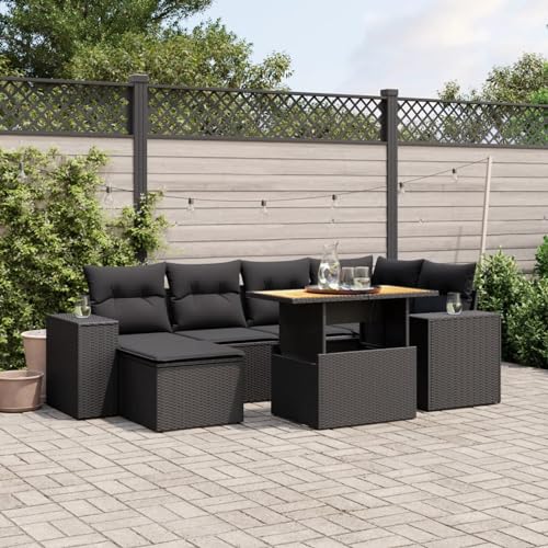 XFZJCHAP 7-teiliges Gartensofa-Set mit Kissen, schwarzes Polyrattan, Garten-Ecksofa-Set, Terrassentische, Hocker, Outdoor-Lounge, Wintergartenmöbel von XFZJCHAP