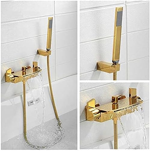 XFZJCHAP Badezimmer-Armaturen-Set, Wasserfall-Bass-Warm- und Kaltwasserhahn, Duschaufsatz mit Duscharmatur und Schlauchaufsatz für Badewanne, Gold, Chrom, Duscharmatur-Set (golden) von XFZJCHAP