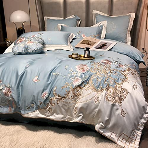 XFZJCHAP Bett-Bettbezug, Bettwäsche-Set, Baumwolle, weicher Bettbezug + flaches Bettlaken + Kissenbezüge, Prinzessinnen-Blumen-Stickerei, Bett-Set (blaues King-Size-Bett, 4-teilig) von XFZJCHAP