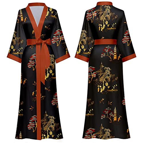 XFZJCHAP Frauen Lange Robe Kimono Bademantel Kleid Sexy Schwarz Print Nachtwäsche Nachthemd Lässige Halbarm Satin Hause Kleid (A 1ps) von XFZJCHAP