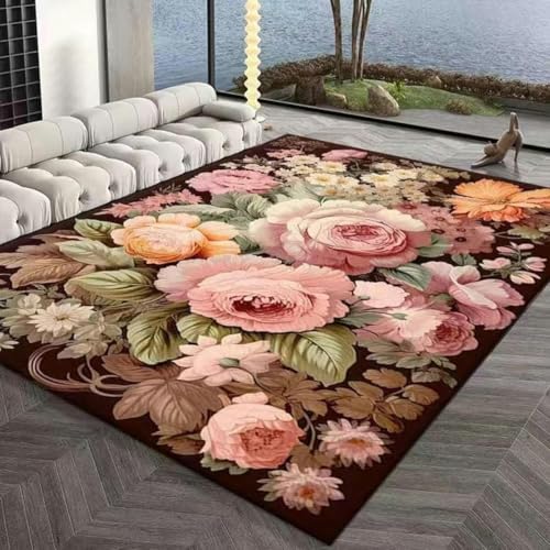 XFZJCHAP Große Teppiche für Wohnzimmer, rosa Blumen, Wohnzimmerteppich, maschinenwaschbare Fußmatten, moderner Teppich für Badezimmer, rutschfeste Teppiche, weich (200 x 290 cm) von XFZJCHAP