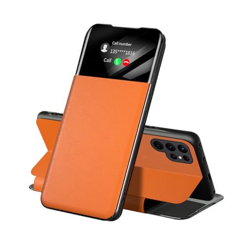 XFZJCHAP Klapphülle für Samsung Galaxy S24 Ultra/S24 Plus/S24, Leder Intelligent Window Flip Handyhülle mit Kartenfach, Kameraschutzhülle, Orange, S24 Plus von XFZJCHAP