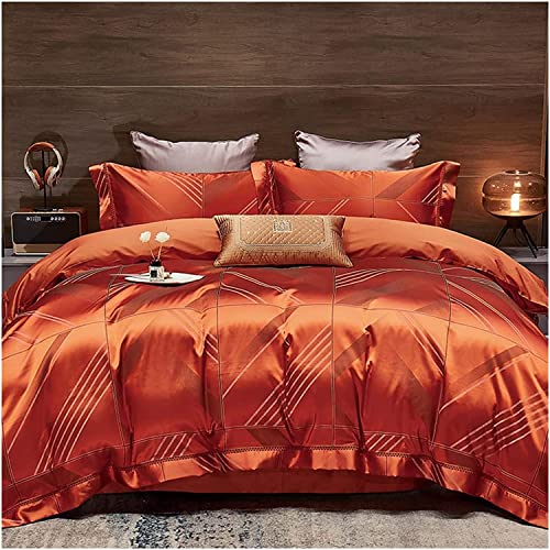 XFZJCHAP Klassisches Bettwäsche-Set aus Baumwollsatin, Jacquard-Bettbezug, passende Seide, seidige Bettlaken, Kissenbezüge, Doppelbett, Queen-Size-Bett (Orange Queen 200 x 220 cm, 4-teilig) von XFZJCHAP