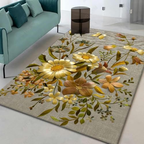 XFZJCHAP Kleine Teppiche, gelbe Blumen, Wohnzimmerteppich, maschinenwaschbare Fußmatten, moderner Teppich für Badezimmer, rutschfeste Teppiche, weich (200 x 290 cm) von XFZJCHAP