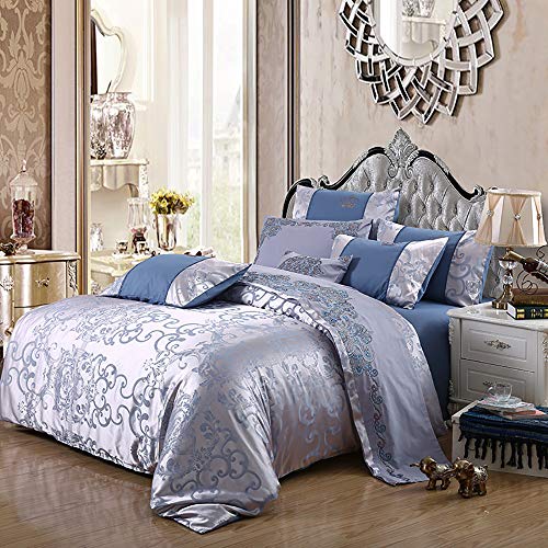 XFZJCHAP Luxus-Set für King-Size-Betten in Rosa, Doppelbett-Bettbezug-Set mit blauem Blumenmuster, Bettwäsche-Set für Doppelbetten aus Baumwolle, Seiden-Sets, Luxus-Satin-Jacquard-Set, 4-teilig, für von XFZJCHAP