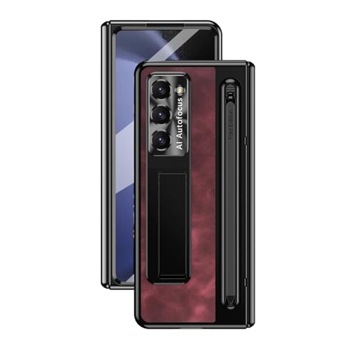 XFZJCHAP Standhülle für Samsung Galaxy Z Fold 6, Metalllinsenscharnierschutz, Premium Vintage Business-Leder-Handyhülle mit S-Stifthalter, Rot von XFZJCHAP