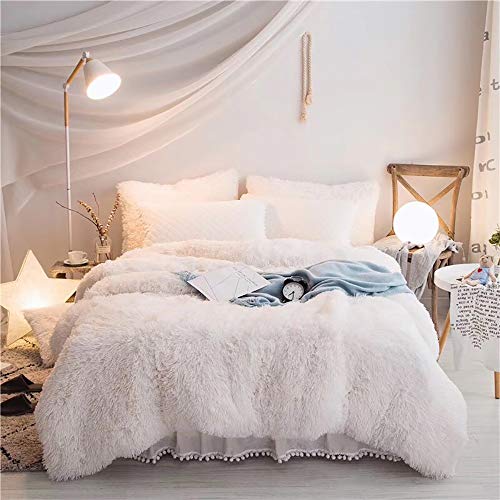 XFZJCHAP Winter-Sets für King-Size-Betten, Einzelbett, rosa, zotteliges Flanell, 4-teiliges Bettbezug-Set (1 Bettbezug + 2 Kissenbezüge + 1 gestepptes Spannbettlaken, 3 seitliche Abdeckungen mit von XFZJCHAP