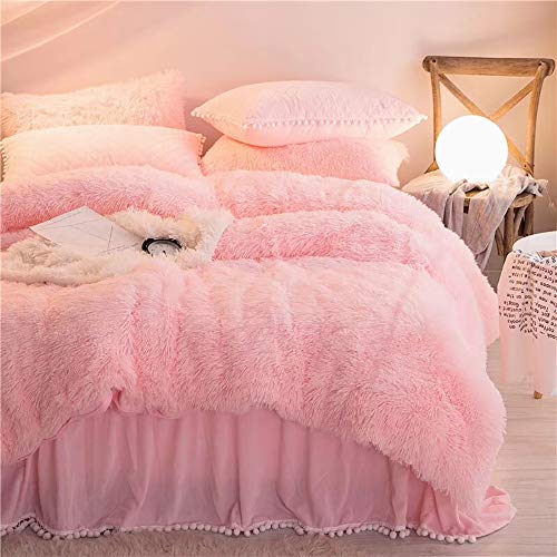 XFZJCHAP Winter-Sets für King-Size-Betten, Einzelbett, rosa, zotteliges Flanell, 4-teiliges Bettbezug-Set (1 Bettbezug + 2 Kissenbezüge + 1 gestepptes Spannbettlaken, 3 seitliche Abdeckungen mit von XFZJCHAP