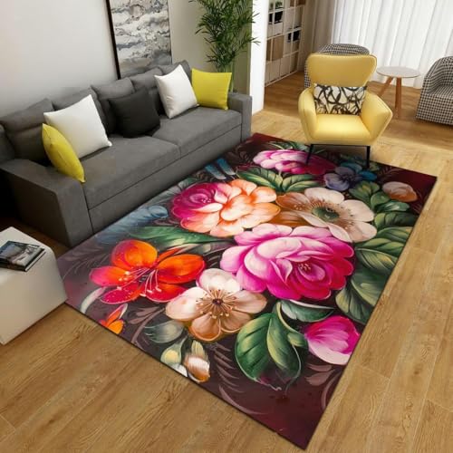 XFZJCHAP Wohnzimmerteppich, Bunte Blumen, Wohnzimmerteppich, maschinenwaschbare Fußmatten, moderner Teppich für Badezimmer, rutschfeste Teppiche, weich (200 x 290 cm) von XFZJCHAP