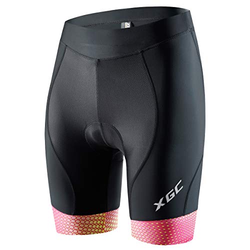 XGC Damen Kurze Radlerhose und Radunterhose Radsportshorts Fahrradhose für Frauen elastische 3D Schwamm Sitzpolster mit Einer hohen Dichte (Pink_Yellow, M) von XGC