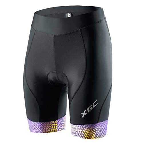 XGC Damen Kurze Radlerhose und Radunterhose Radsportshorts Fahrradhose für Frauen elastische 3D Schwamm Sitzpolster mit Einer hohen Dichte (Purple_Yellow, L) von XGC