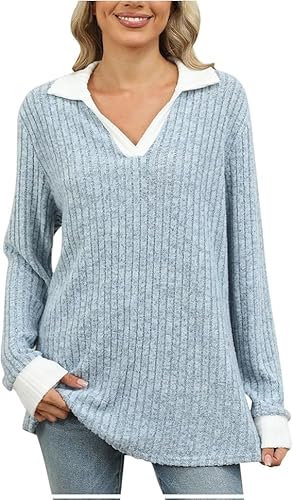 XGWDP Women's Contrast Collared Shirts Casual Long Sleeve Ribbed Streetwear Fall Tunic Tops (2,L) von XGWDP