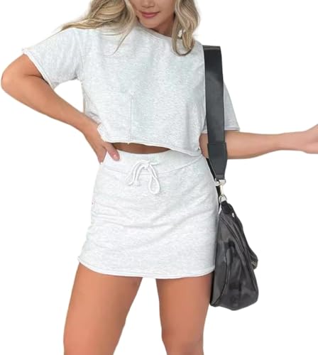 XGWDP Women's Lounge Cropped Tee Skort Set Sweat Skirt Sets Women 2 Piece Outfits Skirt with Lining Shorts (2,2XL) von XGWDP