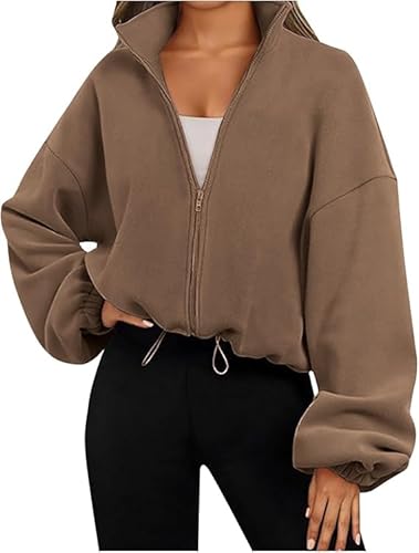 XGWDP Womens Zip Up Hoodies Oversized Sweatshirts Solid Long Sleeve Crop Sherpa Fashion Clothes Fall Outfits (1,S) von XGWDP